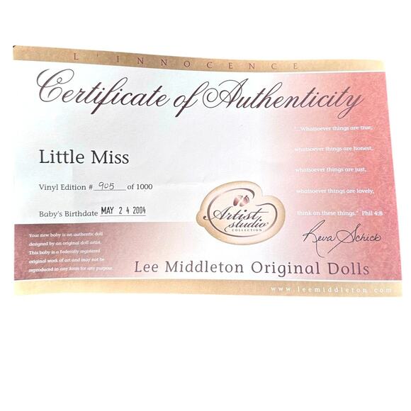 Lee Middleton Original Dolls Artist Studio #905/1000-2004 "Little Miss"-NEW! - Picture 6 of 16